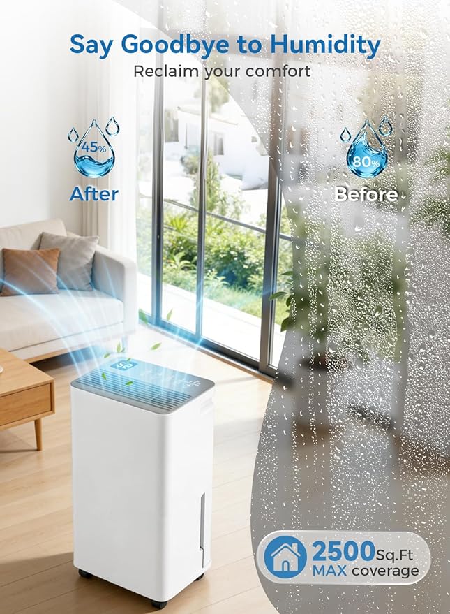 2500 Sq.Ft Dehumidifier for Basement with Drain Hose, 35 Pint Large Best Compressor Dehumidifiers for Home or Garage, Smart Humidity Control, 24H Timer & Child Lock, Ideal for Large Rooms, Garage