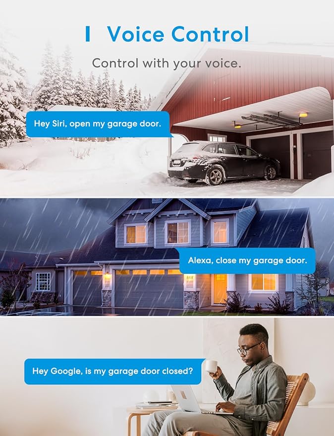 meross Smart Garage Door Opener Remote, Compatible with Apple HomeKit, Siri, CarPlay, Alexa, Google, SmartThings, and Android, Universal WiFi Garage Door Controller, App + Voice Control, No Hub Needed