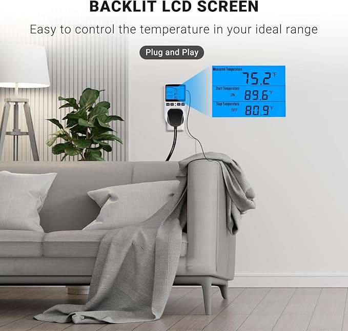 INKBIRDPLUS Plug in Thermostat Temperature Controlled Outlet Digital Thermostat Outlet Heating Cooling Control Timer 1800W 110V 15A Backlit Display (TC/Timer)