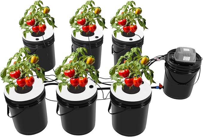 6 Bucket Hydroponic System Kit, Dwc Hydroponic System Kit with Drip Irrigation, 5.28Gal Capacity, 6.6Gal/Min Air Pump, Includes Air Pump Ideal for Vegetables and Indoor Growing