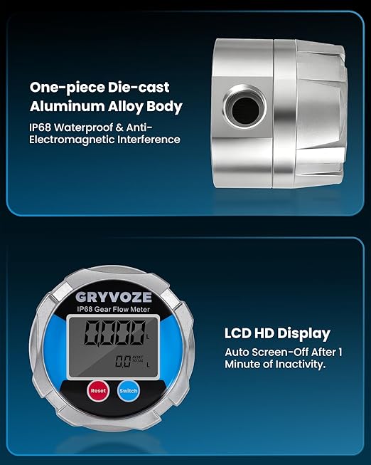 1/4" NPT Digital Gear Flow Meter, ±0.5% Accuracy, 0.026–5.28 GPM, for Low-Flow, High-Viscosity Liquids, Compatible with Motor Oil, Lubricants, Antifreeze & Hydraulic Systems