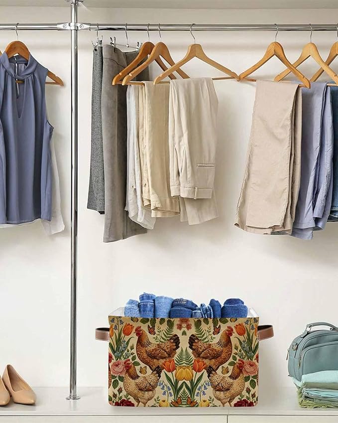 Tan Rooster Floral Storage Bins Cubes Waterproof Cloth Storage Basket, Farmhouse Spring Flowers Butterflies Foldable Storage Bags for Shelf Closet Clothes Organizers with Handles 15x11x9.5 in 2PCS