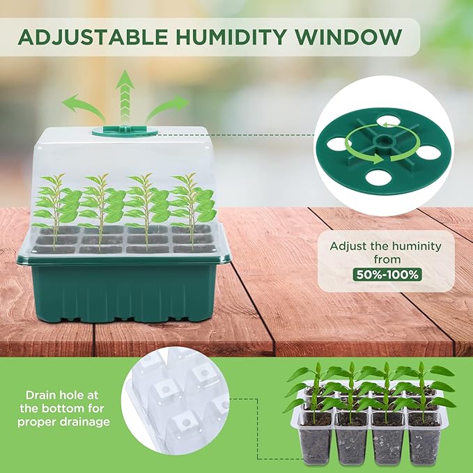 7-Pack Seed Starter Tray with Heat Mat (12 Cells per Tray), Plant Germination Trays with Adjustable Humidity Dome Seed Trays Seedling Starter with Base Trays for Germination