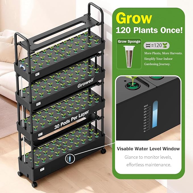Growell Large Hydroponics Growing System Kit, 120 Pods Vertical Indoor Herb Garden Kit with 2 Light Modes & Auto Circulating Water System, 48L Movable Indoor Gardening System for Herb Vegetable Fruit