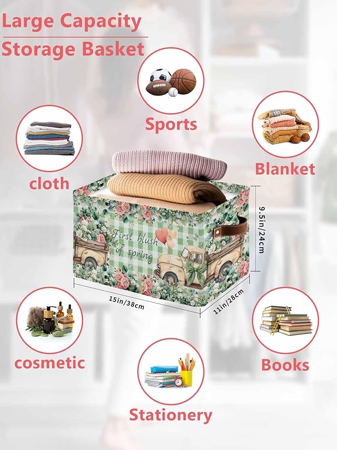 Eucalyptus Trucks Storage Bins Cubes Waterproof Cloth Storage Basket,Spring Farmhouse Floral Sage Green Plaid Foldable Storage Bags for Shelf Clothes Storages Organizers with Handles 15x11x9.5 in 2PCS