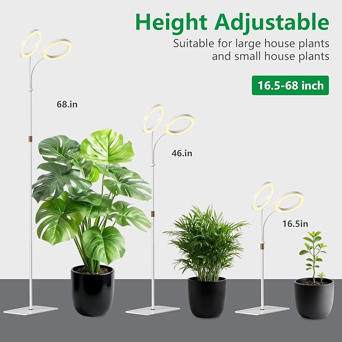 SDOVUERC Full Spectrum Grow Light with Stand for Indoor Plants, Floor Plant Light, 6/12/18H Timer, 3 Color Modes, Adjustable Height 16.5–67in, for Large Plants & Home Décor(2 Heads White)