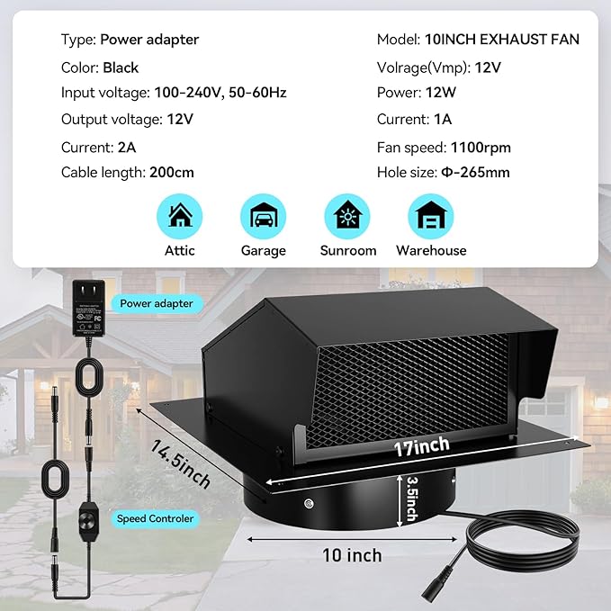 10 Inch Roof Exhaust Attic Fan,Wall Mounted Attic Vent Fan with Speed Controller for Greenhouse, Shed, Garage, Chicken Coop, Shop, Barn Ventilation,2500 CFM, Plug-and-Play, 16.5ft Power Cord, Black