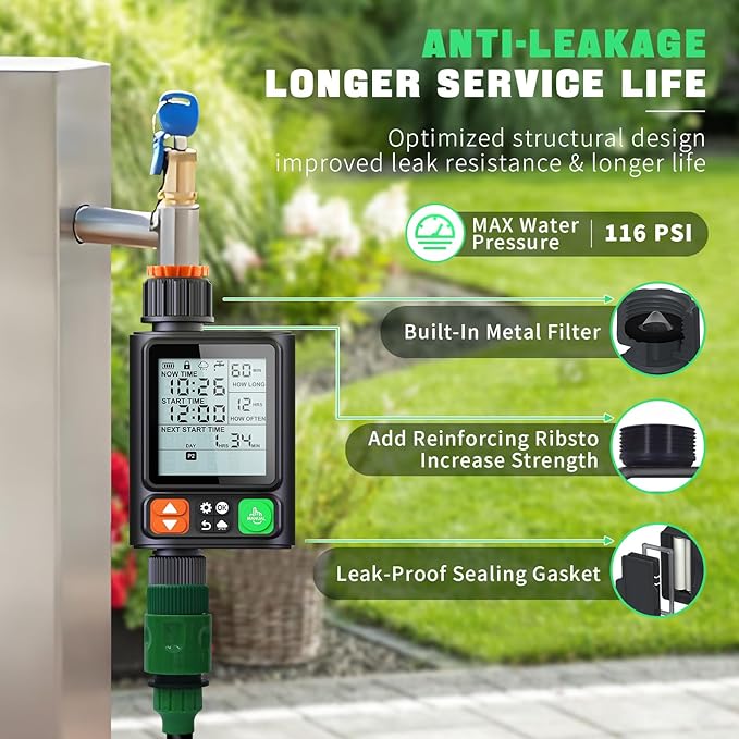 Sprinkler Timer for Garden Hose, Upgrade 10 Program Water Timer with Auto Rain Delay, IP54 Waterproof 3.3“ Large LCD Drip Irrigation System Timers for Plant, Yard, Lawns, Outdoor