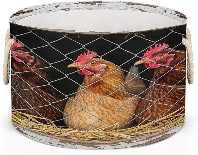 Large Storage Baskets - Rustic Farm Chicken Coop Nursery Round Collapsible Organizer Bin Box, Laundry Hamper for Kids Toys, Blanket, Bedroom Living Room Home Decor, Gift Basket, 19.4"x13.3"