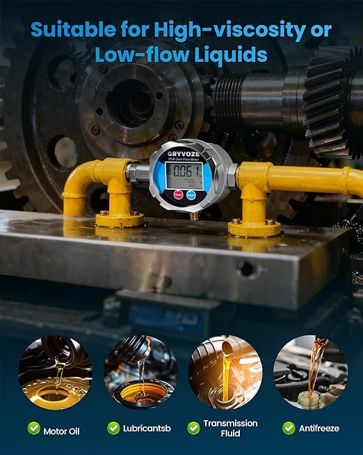 3/4 Inch NPT Gear Flow Meter, 0.08–7.93 GPM Digital Oil Low Flowmeter, ±0.5% Accuracy, for Low-Flow High-Viscosity Liquids, Compatible with Motor Oil, Lubricants, Antifreeze & Hydraulic Fluids