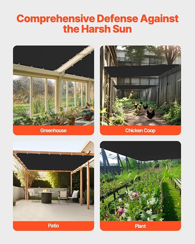 VEVOR 90% Sun Shade Cloth, 8 x 12 ft Pergola Shade Cover with Stainless Steel Grommets, Sun Shades Canopy Privacy Screen with 140 GSM HDPE Material, for Outdoor, Patio, Garden, and Backyard (Black)