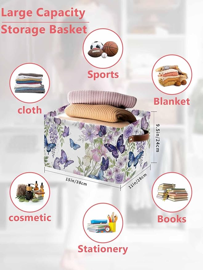 Pink Flowers Storage Bins Cubes Waterproof Cloth Storage Basket,Spring Floral Purple Butterflies Watercolor Foldable Storage Bags for Shelf Clothes Storages Organizers with Handles 15x11x9.5 in 1PCS