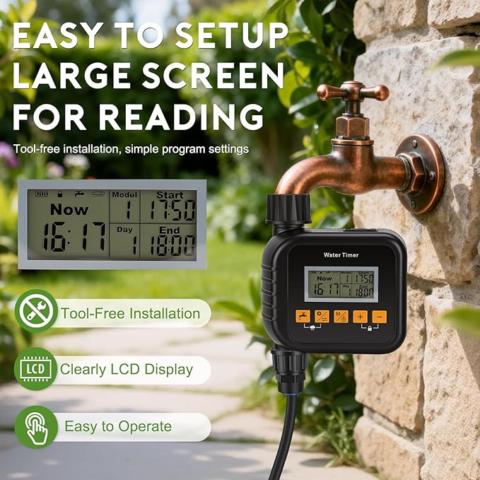 Snowtaros Smart Sprinkler Timer, Outdoor Water Hose Timer with Rain Sensing, 9 Watering Modes Garden Irrigation Controller for Yard, Lawn & Patio, Easy Installation (1 Zone)