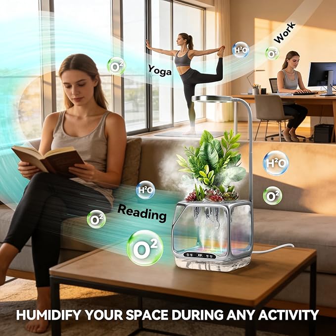 Smart Aeroponics Growing System, Desktop Hydroponic Planter Indoor with Full-Spectrum Grow Light, Humidifier, Heating Function & RGB Mood Lighting, Visual Root Observation for Herbs,Indoor Plants