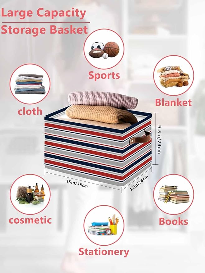 Red Navy Blue Striped Storage Bins Cubes Waterproof Cloth Storage Basket,Farmhouse Stripes Modern Abstract Art Foldable Storage Bags for Shelf Storages Organizers with Handles 15x11x9.5 in 2PCS