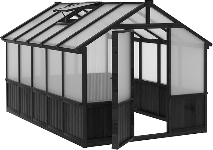 Yardenaler 8x10 FT Greenhouse Kit with 6MM Thick Polycarbonate Panel for Outdoor, Wooden Walk-in Green House with Adjustable Roof Vent and Lockable Door, Backyard, Garden, Black