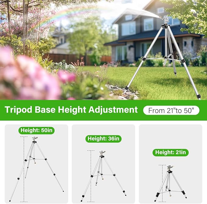 Heavy Duty Impact Sprinkler on Tripod Base,50 Inch Tripod Sprinkler with Brass Nozzle for Yard Large Area,Extra Tall 360 Degree Rotating,Waters Up to 90 Ft,Legs Extend Up to 50"