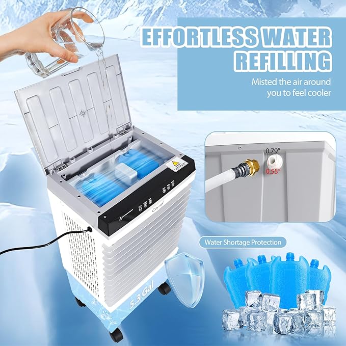 CAYNEL Evaporative Swamp Cooler with 5.3 Gallon Water Tank, Touch Screen and Remote Control, Refrigerator, 12 Hour Timer and 3 Fan Speed Settings, Cooling Tower Fan for Outdoor, Indoor, Garage