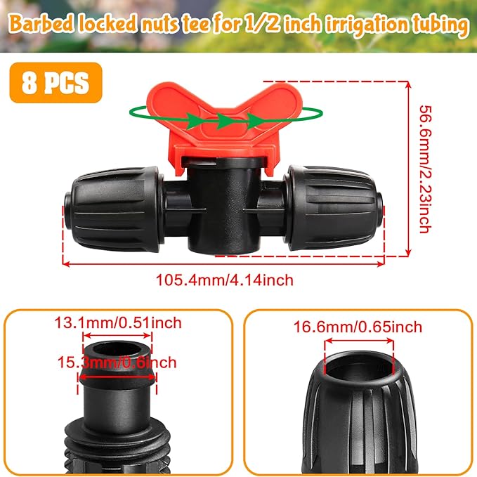 Gardrip 8 Pack Drip Irrigation Valve for 1/2 Inch Drip Tubing (1/2" ID x 0.65" OD)：1/2'' In-line Locked Barbed Ball Valve Drip Line Shut Off Valve Parts In Irrigation System for Garden