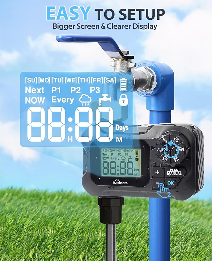 HOMENOTE Water Timer for Garden Hose, Programmable Sprinkler Timer with Rain Delay, Auto & Manual Watering for Misting System, Drip Irrigation, Lawn Sprinkler, Soaker Hose, 1 Outlet