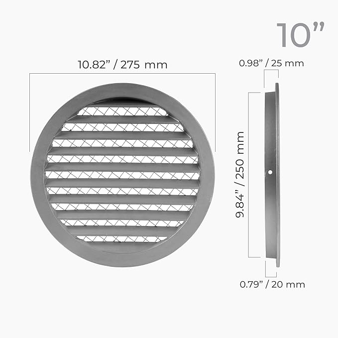 10" Inch Round Aluminum Vent Cover - Air Vent Louver - Soffit Exhaust Vent - Built-in Aluminum Screen - Grill Cover/Dryer Vent Cover for House, Kitchen, Bathroom, Garage, Attic Ventilation