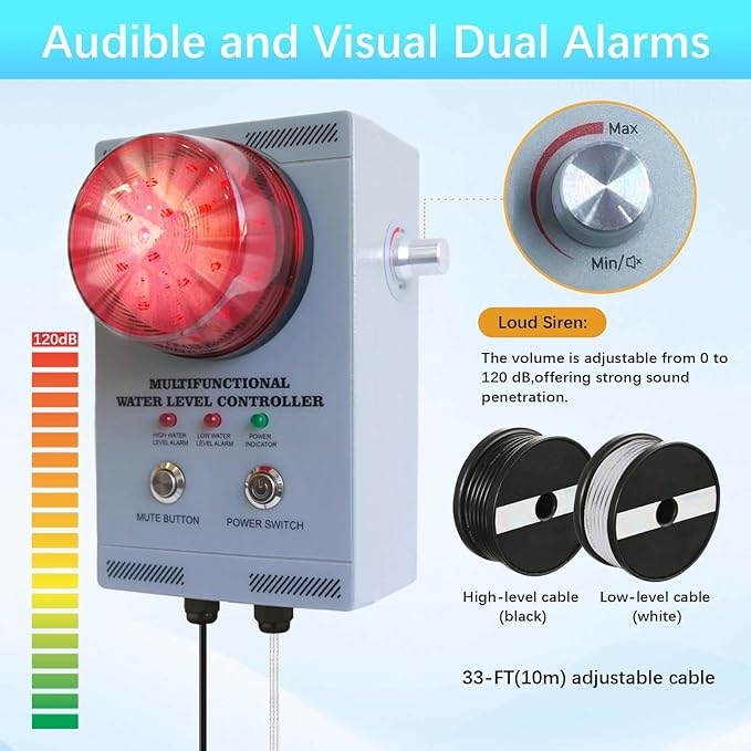 Professional Water Level Alarm, High/Low Liquid Detector with Dual Probes, 120dB Adjustable Audible/Visual Alarm, 33FT Cable, All-Metal, Industrial Water Overflow for Tanks/Sump Pool/Ship Holds/Well