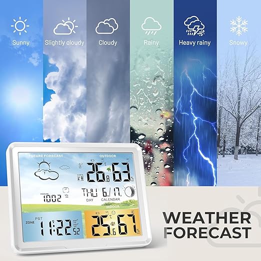 Weather Station Wireless Indoor Outdoor Thermometer, Digital Thermometer with Remote Sensor, Full Color Large Display Weather Station with Atomic Clock, Barometric Pressure, Weather Forecast-White
