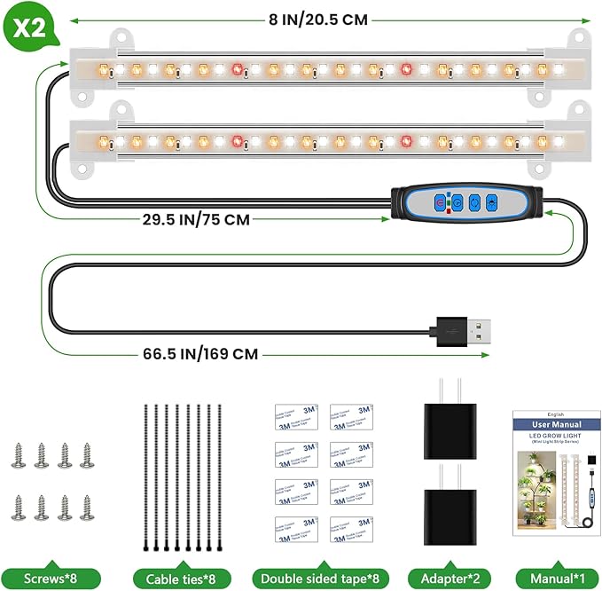 Wiaxulay 8 inch Grow Lights for Indoor Plants, 112 LEDs Full Spectrum Grow Light Strip, Under Cabinet Grow Lamp with Auto Timer 6/12/16 Hrs, 3 Lighting Mode, Ideal for Plant Stand, Shelf, 2 Pack
