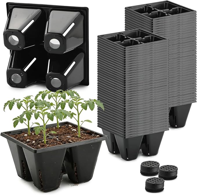 RooTrimmer 80 Pack Reusable 4-Cell Seed Starter Tray for Seedlings, Easy Watering Seed Starting Trays with Drainage Holes for Seed Germination and Plant Start, Fits Standard 1020 Trays, Black