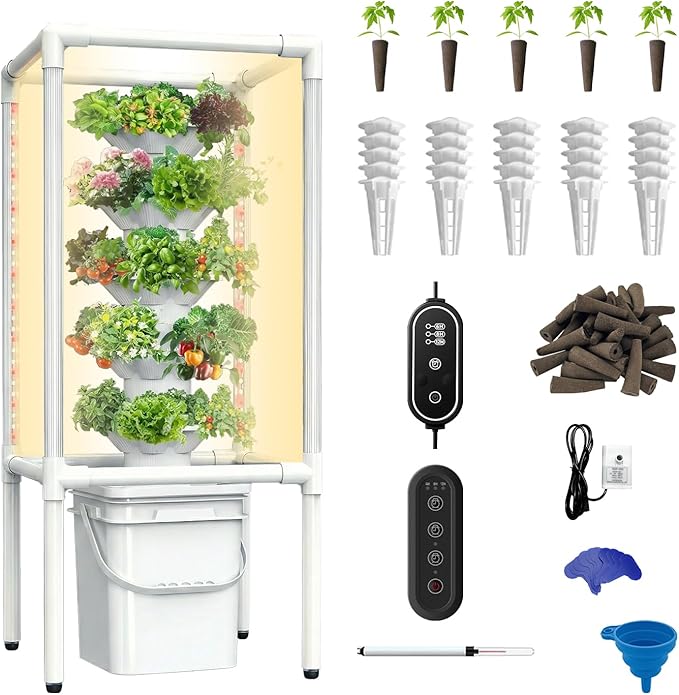 SJZX Hydroponics Growing System, Hydroponic Tower with Full-Spectrum Grow Lights, 5/14Tiers Indoor Outdoor Garden Planter, Vertical Home Gardening Germination Kits for Vegetables, Fruits, Herb (5L6H)
