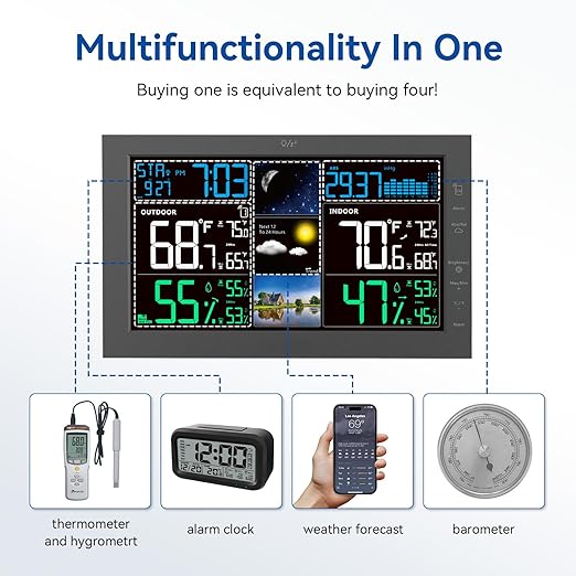Weather Stations Wireless Indoor Outdoor, Indoor Outdoor Thermometer Wireless with Digital Atomic Clock, Large Display, Barometric Pressure, Forecast, Adjustable Backlight, Contemporary
