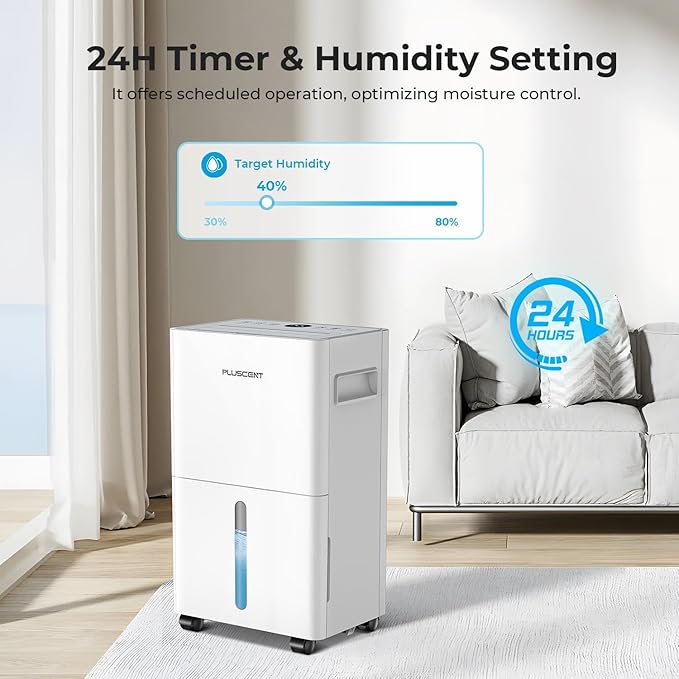 1500 Sq.ft Dehumidifier for Basement, PLUSCENT Max 21 Pint/Day Dehumidifiers for Home, Large Room, Bedroom with Drain Hose, Smart Humidity Control & Monitor, 3 Operation Modes, 24H Timer, Auto Defrost