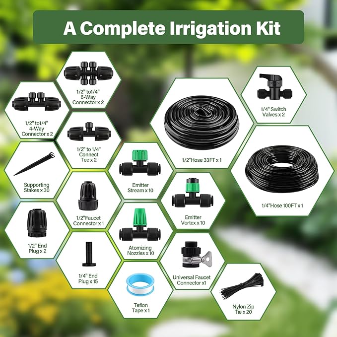 Kalolary 133FT Quick-Connect Drip Irrigation System Kit, Automatic Garden Watering System with 1/4" & 1/2" Tubing,Push-to-Fit Fittings & Adjustable Drip Emitters for Raised Garden Beds Greenhouse Lawn