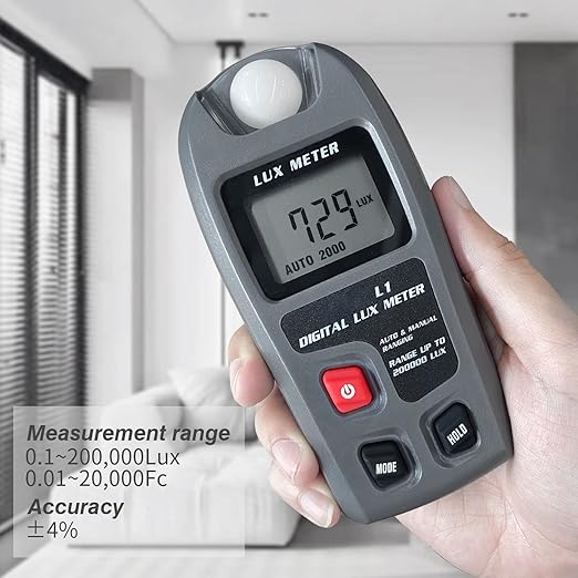 Digital Illuminance Light Meter Lux Meter with LCD Display, 0～200,000 Lux Measure Range, Lux FC Unit Selection for Homes, Warehouses, Farms, Stage, Stadiums