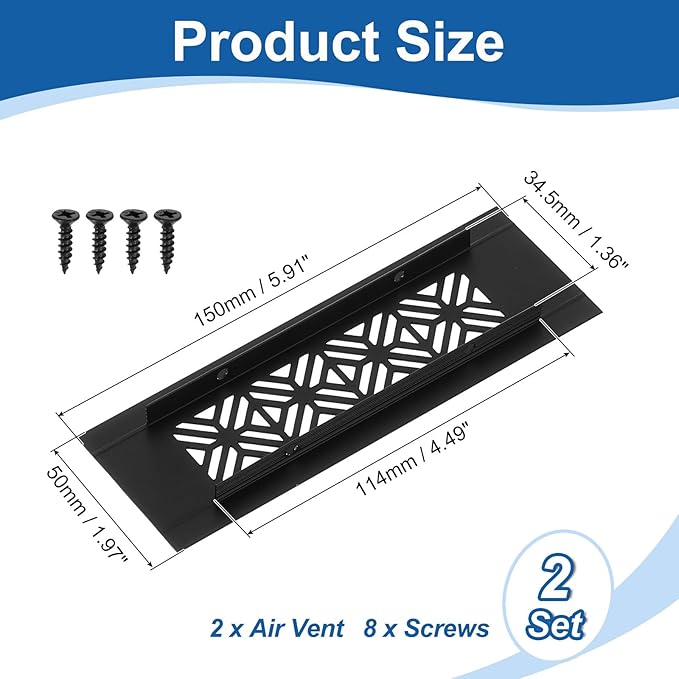 uxcell 2Pcs Aluminum Alloy Air Vents, 150 x 50mm / 5.9 x 2" Rectangle Louvered Ventilation Grille Cover with Mounting Screws for Door Cabinet Wardrobe, Matt Black