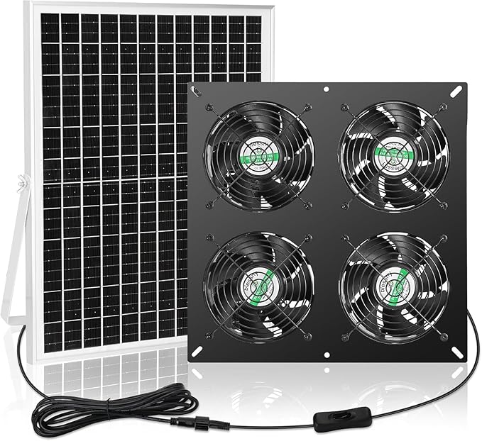 blessny 25W Solar 4 Fan Kit for Outdoor Greenhouse, Solar Powered Vent Exhaust Ventilation Fan for Chicken Coop, Shed Air Circulation, 14.7 Ft Long Cord with IP65 Weatherproof Rate