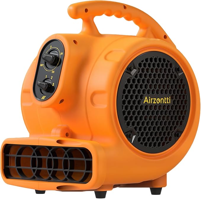 1/4 HP 1100 CFM Air Mover Blower Fan, Carpet Drying Fan, 3-Speed Stackable Utility Blower Heavy Duty High Velocity Industrial Fan with Timer for Water Damage Restoration, ETL Listed, Orange