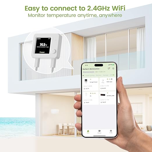 WiFi Refrigerator Thermometer 2 Pack, Freezer Alarm with App & Email Alerts, 2 Years Data Export, Smart Temperature Sensors for Home, Fish Tanks & Hot Tubs (USB Powered, No Battery)