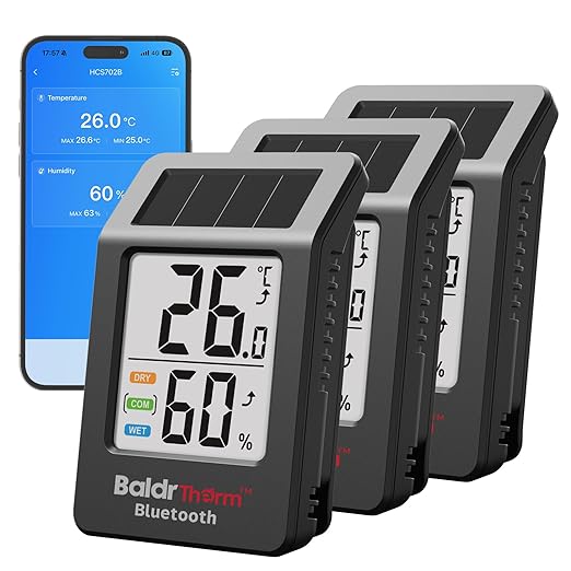 BaldrTherm Bluetooth Thermometer Wireless, Smart Thermometer with App Control, 200ft Coverage, Offline Storage, Trend Charts, Real-Time Alerts for Home, Pet Cage, Indoor/Outdoor Use, Black, 3pack