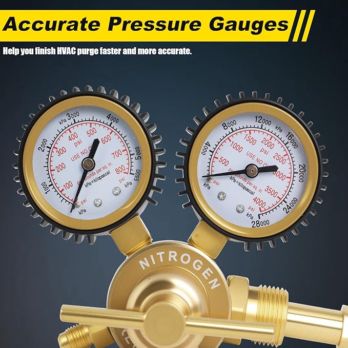 Nitrogen Regulator 0–800 PSI CGA580 with Dual Gauges & 60" Reinforced Hose, 1/4" Male Flare Outlet – Solid Brass Nitrogen Tank Pressure Regulator for HVAC Purging, Leak Testing & Charging Systems
