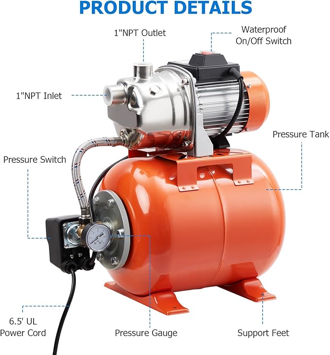1.6HP Shallow Well Pump with Pressure Tank, Stainless Steel, 115V Irrigation Pump, Automatic Water Booster Jet Pump for Home, Garden, Lawn