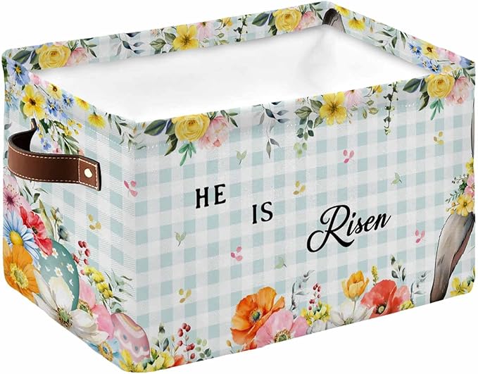 Easter Plaid Storage Bins Cubes Waterproof Cloth Storage Basket,Spring Watercolor Bunny Flower Teal Checkered Foldable Storage Bags for Shelf Clothes Storages Organizers with Handles 15x11x9.5 in 1PCS