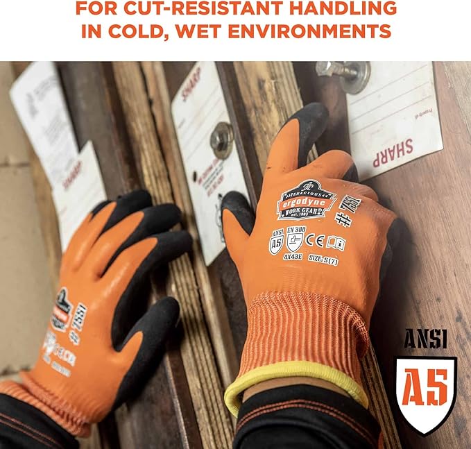 Ergodyne ProFlex 7551 Waterproof Winter Work Gloves, Cut Resistant ANSI A5, Sandy Nitrile Coated Palms, Thermal Fleece Lining, 12-Pack