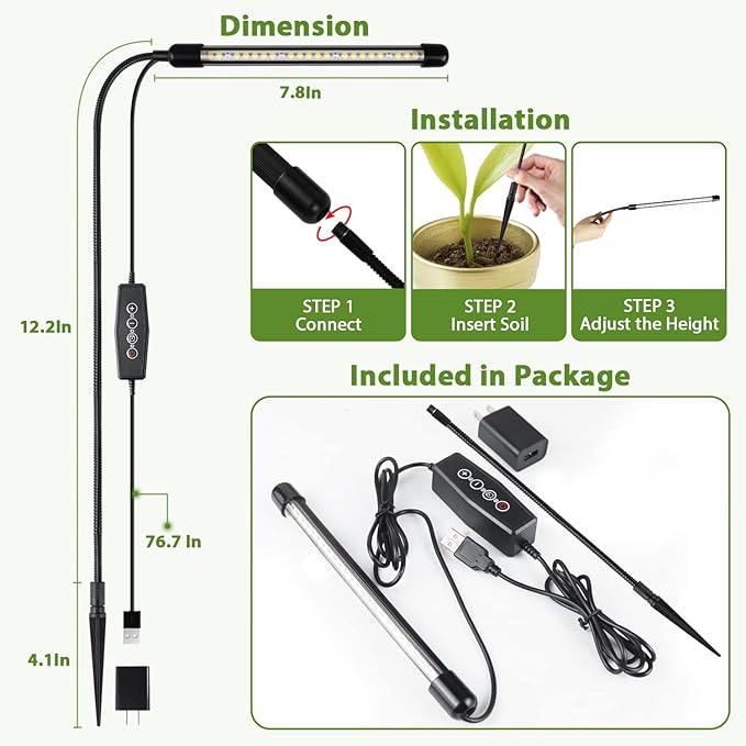Grow Light for Indoor Plants Growing, 6000K Full Spectrum Gooseneck Plant Lamp for Seedings Succulents Small Plants, Auto On/Off Timing & 5 Dimming, 4 Pack