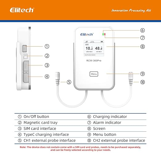 Elitech 5G/2.4G WiFi Real-Time Temperature Humidity Monitor, Dual Channel Remote Data Logger, Cloud Data Storage, SMS/Email/APP/Web Alarm, Warehouse, Pharmacy, RCW-360Pro-W-DC