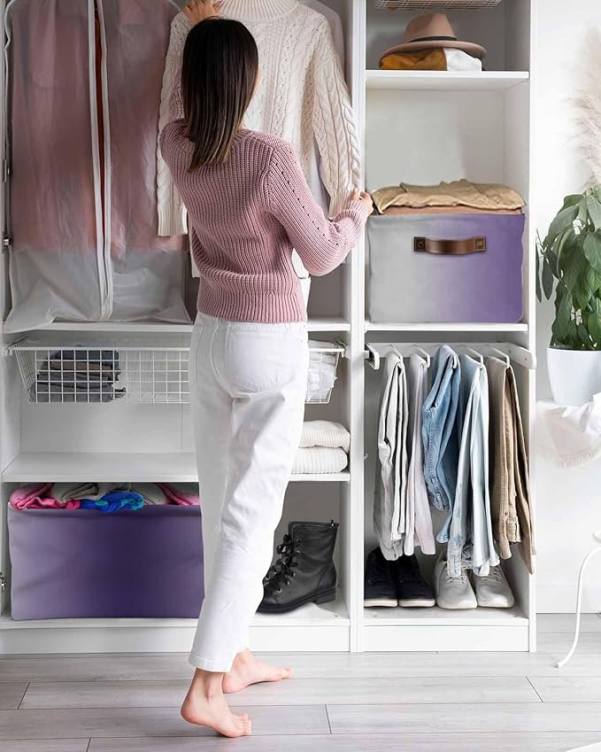 Purple Grey Ombre Storage Bins Cubes Waterproof Cloth Storage Basket, Farmhouse Gradient Minimalist Foldable Storage Bags for Shelf Closet Clothes Storages Organizers with Handles 15x11x9.5 in 2PCS