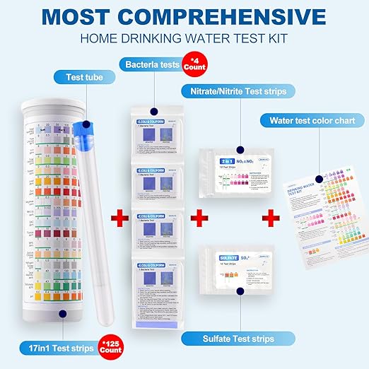21-in-1 Home Drinking Water Testing Kit,145 Strips + 4 Bacteria Tests,Tap and Well Water Test Kit, Easy to Test and Read Home Test Strips for Hardness, Lead, Iron, Fluoride, pH, Copper and More