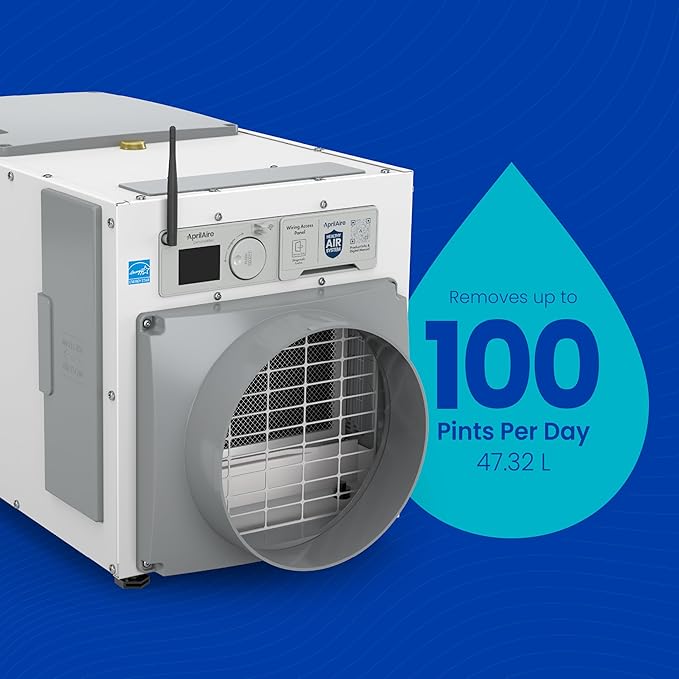 AprilAire E100W Smart Wi-Fi Whole-House Dehumidifier 100-Pint ENERGY STAR Commercial Dehumidifier for Basement, Crawl Space & Home up to 4,400 Sq.Ft. with Pump, Drain Hose, Hanging Kit, MERV 11 Filter