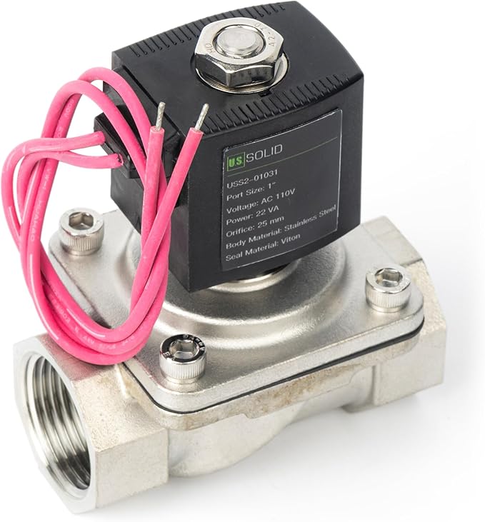 U.S. Solid 1" Stainless Steel Solenoid Valve - 110V AC Normally Closed Electric Solenoid Valve with Viton Seal, Lead Wire Type