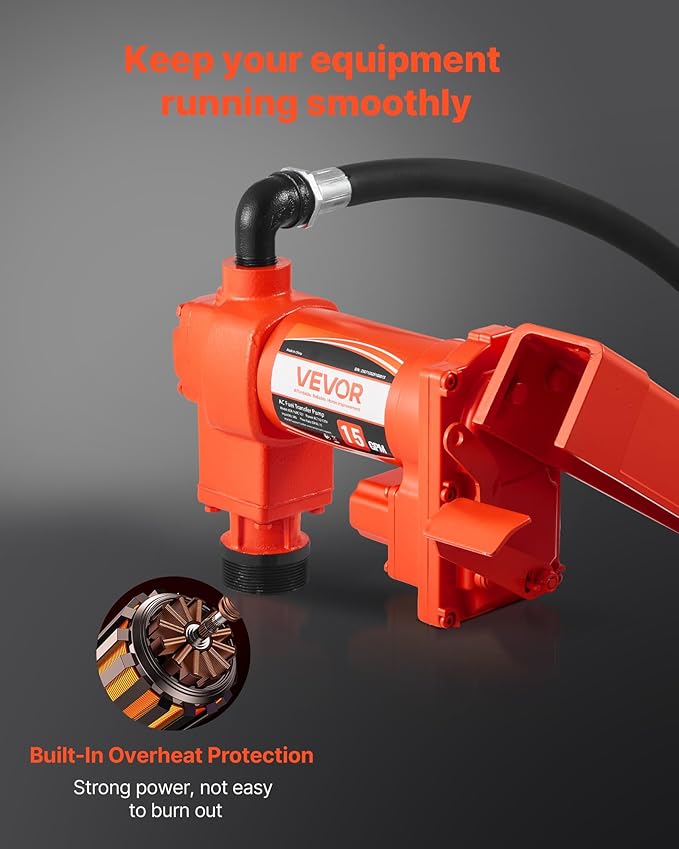 VEVOR Fuel Transfer Pump 110V, 15 GPM 57 L/min, AC Electric Oil Transfer Pump, with Auto Shut-Off Fuel Nozzle & Discharge Hose, High Flow Kit for Gasoline, Diesel, Kerosene, Biodiesel, Ethanol Blends